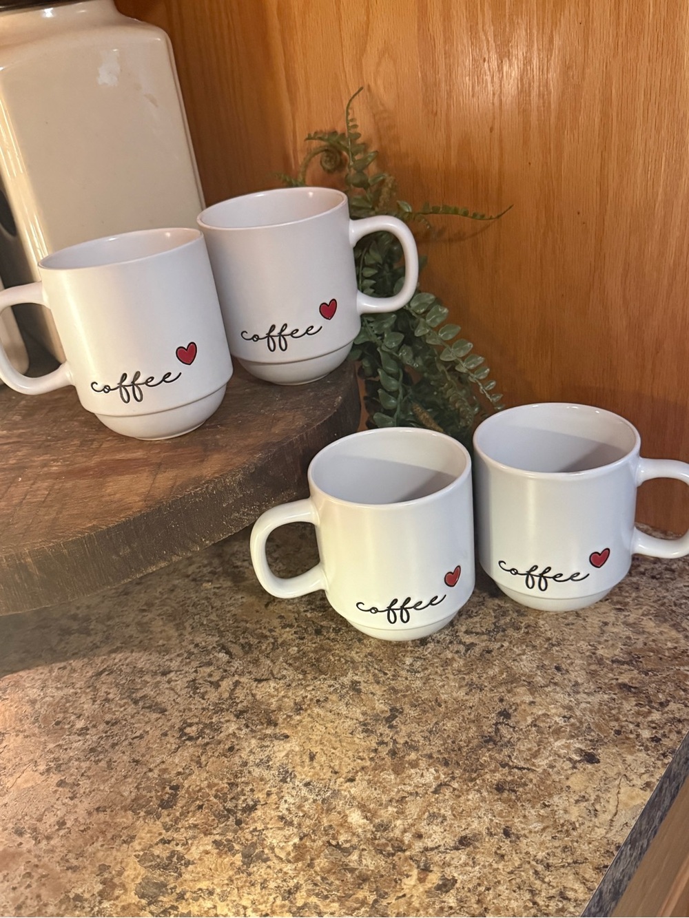 White Coffee Mugs with Red Heart - Set of 4